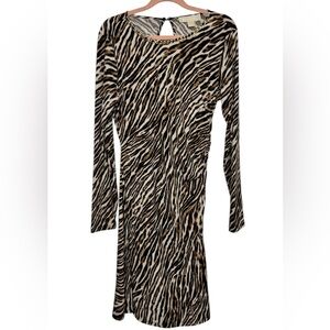 Michael Kors Animal Print Dress Long Sleeve Ruched Gold Chain size M